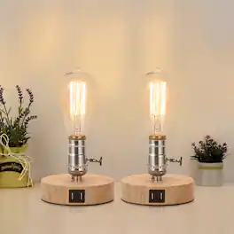 Oumilen - Set of 2 Vintage Edison Table Lamps with USB Ports – Minimalist Wood Base Desk Lamps