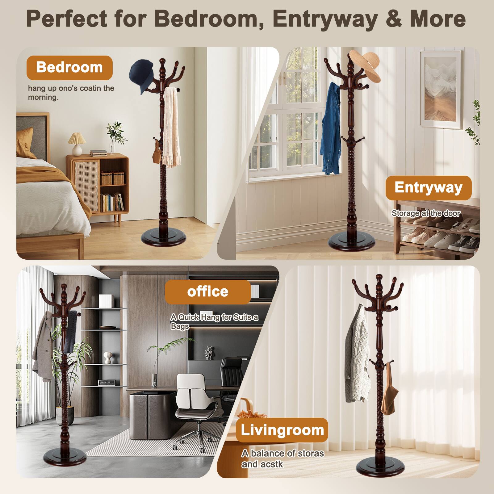 Alt View 5. Chateau Abodes - Solid Wood Coat Rack, Free Standing Hall Coat Tree with 11Hooks, 2 Height Options, 270lbs Load, Stury Base - Dark Brown.