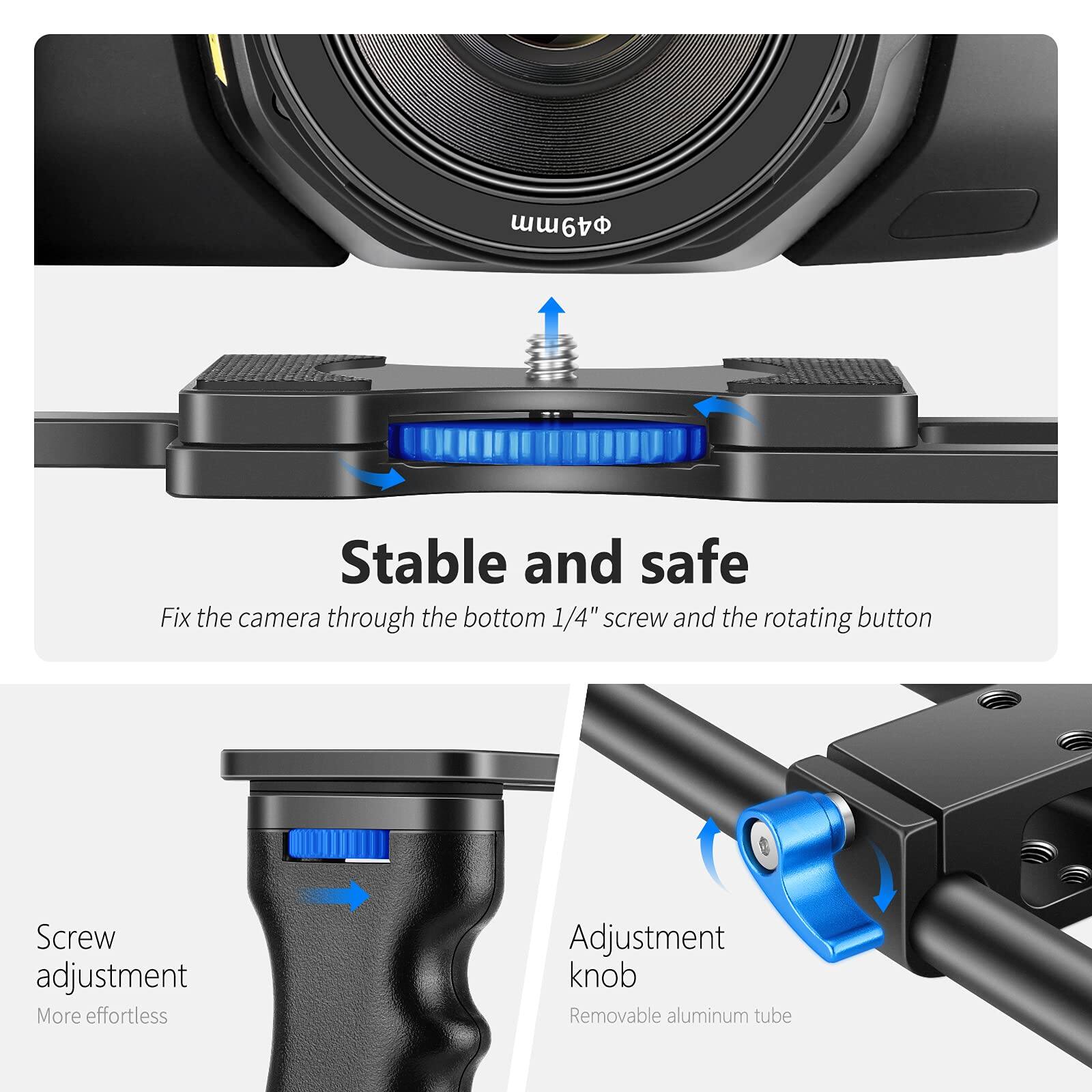 49m

Stable and safe  
Fix the camera through the bottom 1/4" screw and the rotating button

Screw adjustment  
More effortless

Adjustment knob  
Removable aluminum tube