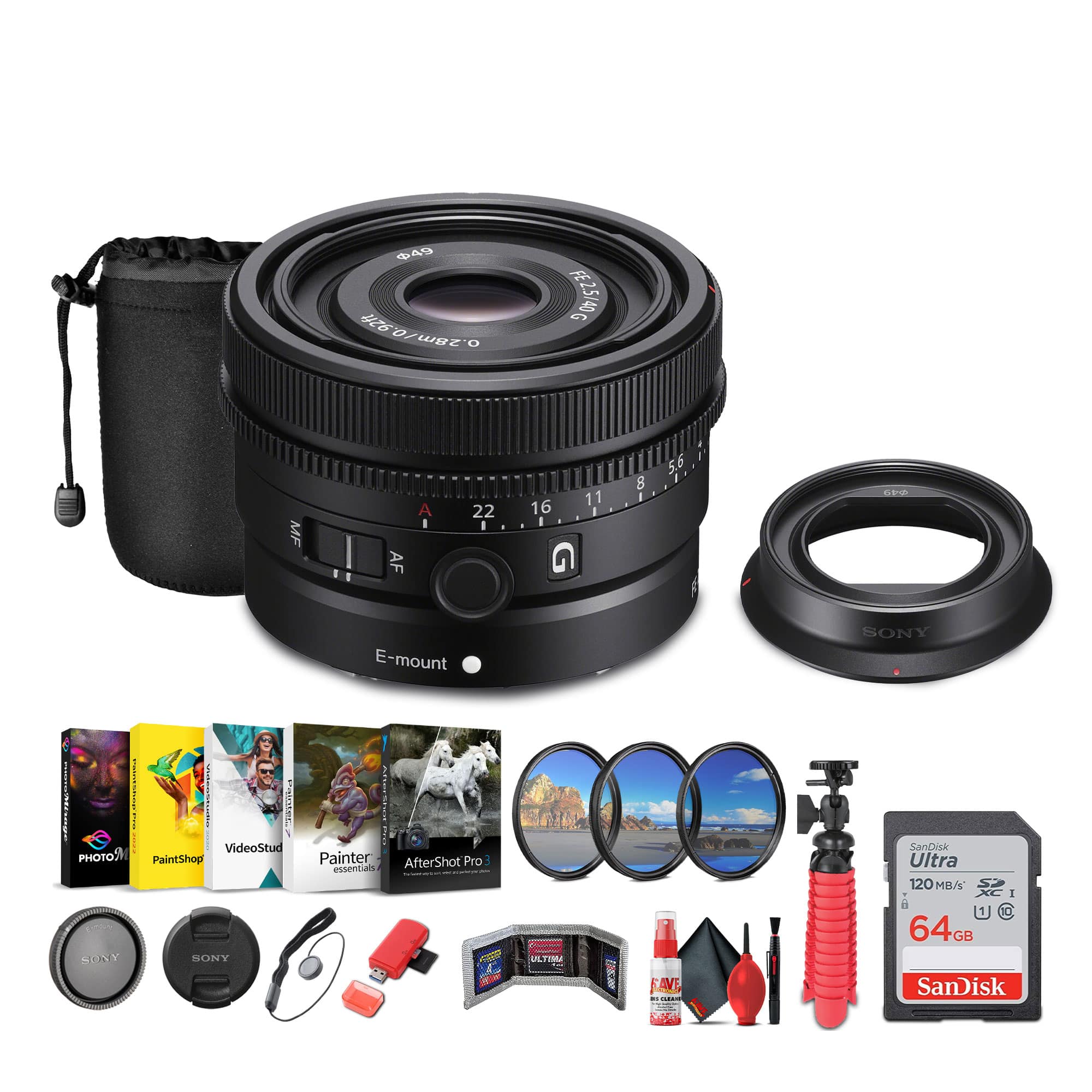 Sony - FE 40mm f/2.5 G Full Frame Ultra Compact Lens + Sling Backpack + More - Black