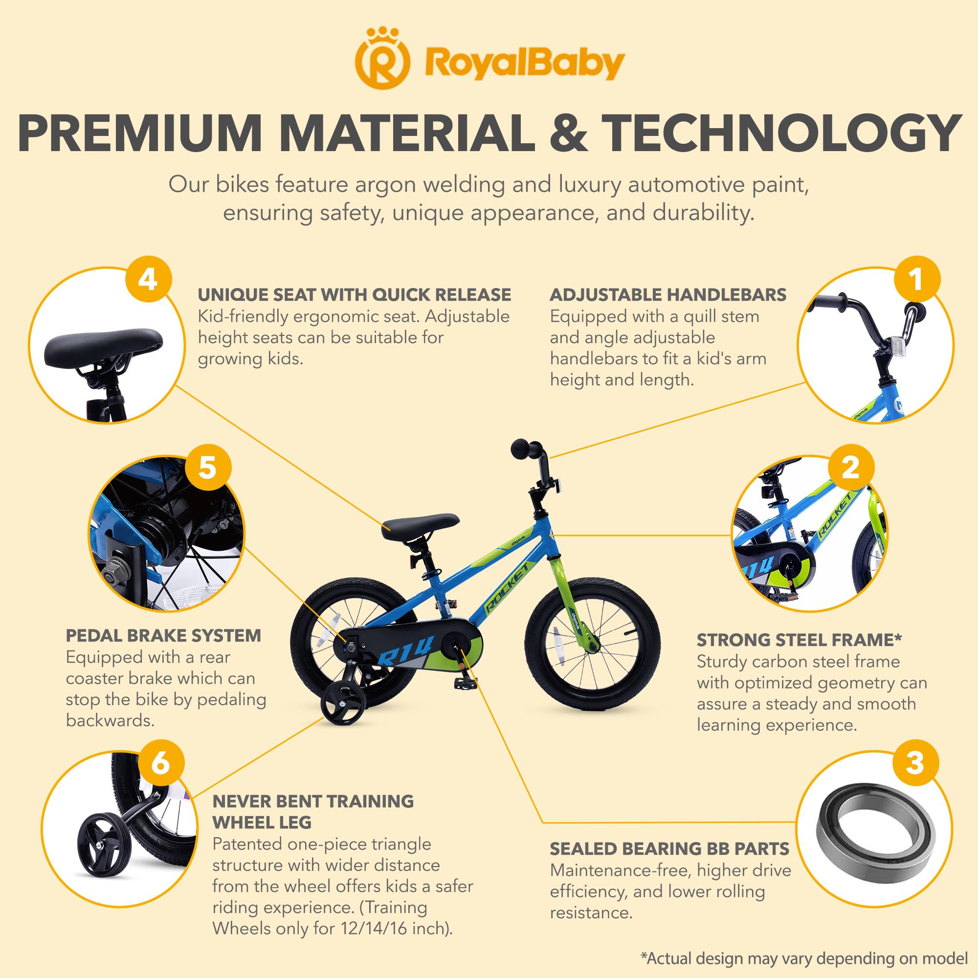 **RoyalBaby PREMIUM MATERIAL & TECHNOLOGY**

Our bikes feature argon welding and luxury automotive paint, ensuring safety, unique appearance, and durability.

1. **ADJUSTABLE HANDLEBARS**
   - Equipped with a quill stem and angle adjustable handlebars to fit a kid's arm height and length.

2. **STRONG STEEL FRAME***
   - Sturdy carbon steel frame with optimized geometry can assure a steady and smooth learning experience.

3. **SEALED BEARING BB PARTS**
   - Maintenance-free, higher drive efficiency, and lower rolling resistance.

4. **UNIQUE SEAT WITH QUICK RELEASE**
   - Kid-friendly ergonomic seat. Adjustable height seats can be suitable for growing kids.

5. **PEDAL BRAKE SYSTEM**
   - Equipped with a rear coaster brake which can stop the bike by pedaling backwards.

6. **NEVER BENT TRAINING WHEEL LEG**
   - Patented one-piece triangle structure with wider distance from the wheel offers kids a safer riding experience. (Training Wheels only for 12/14/16 inch).

*Actual design may vary depending on model.