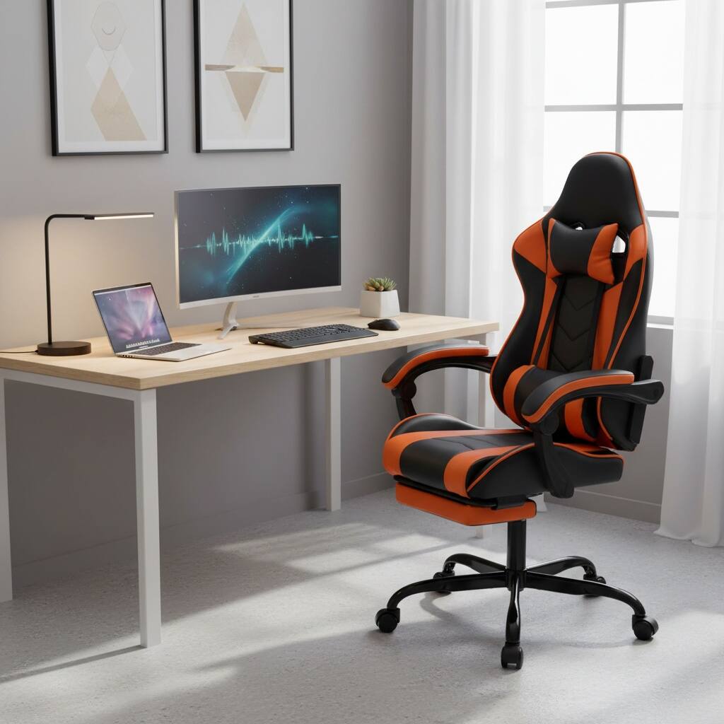 Left. Forest'nSky - Orange Gaming Chair with Footrest, Ergonomic Computer Chair with Headrest, Lumbar Support - Orange.