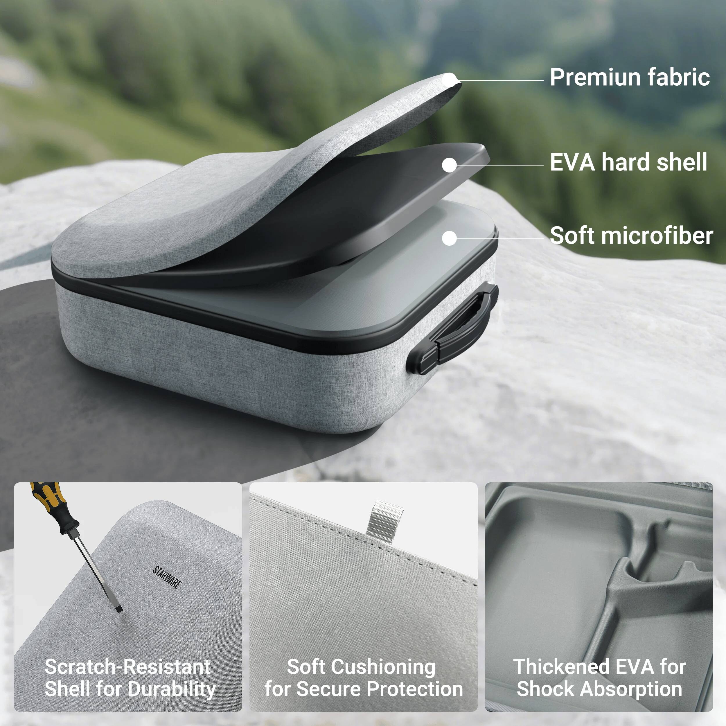 Premium fabric  
EVA hard shell  
Soft microfiber  

H STARWARE  
Scratch-Resistant  
Shell for Durability  

Soft Cushioning for Secure Protection  

Thickened EVA for Shock Absorption