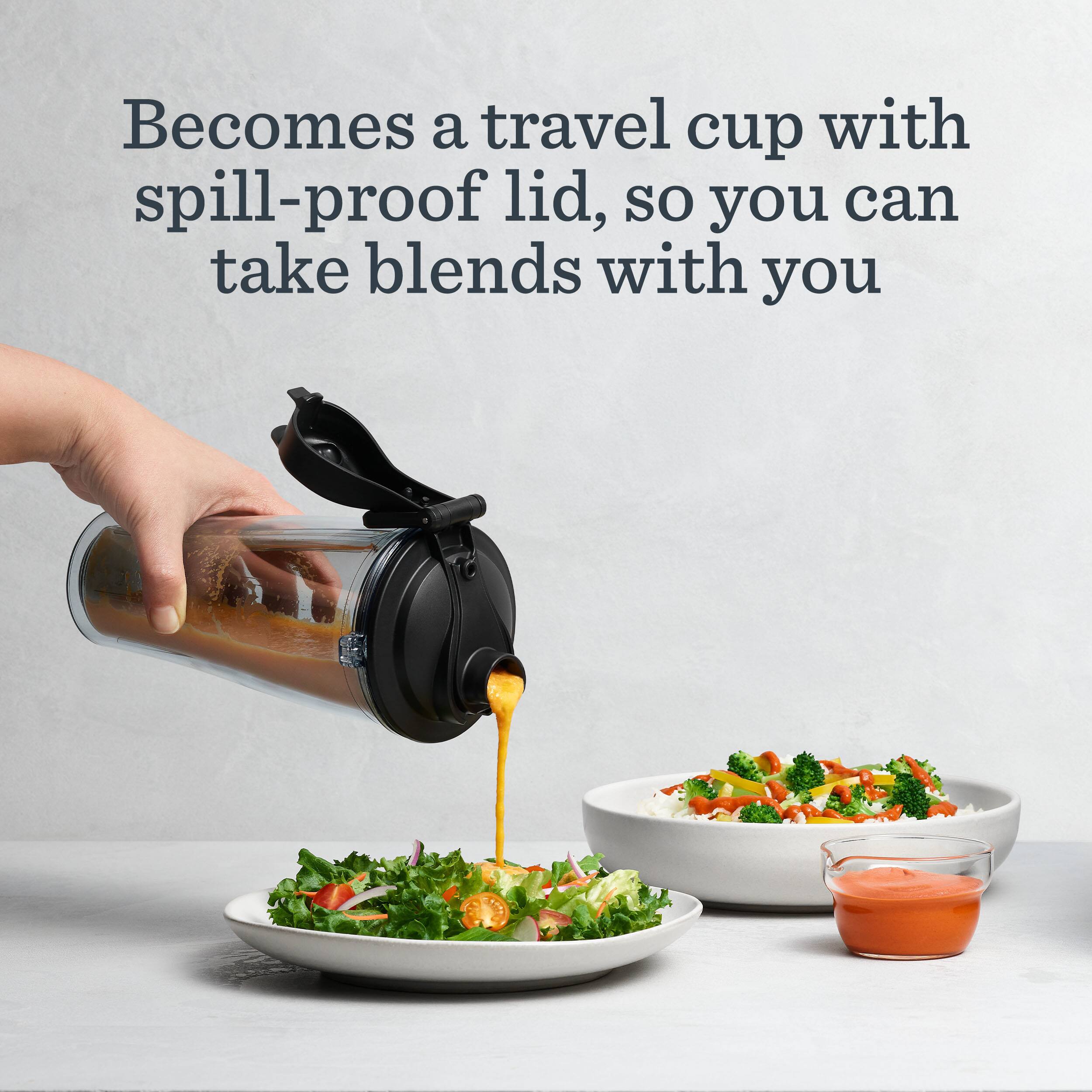 Becomes a travel cup with spill-proof lid, so you can take blends with you