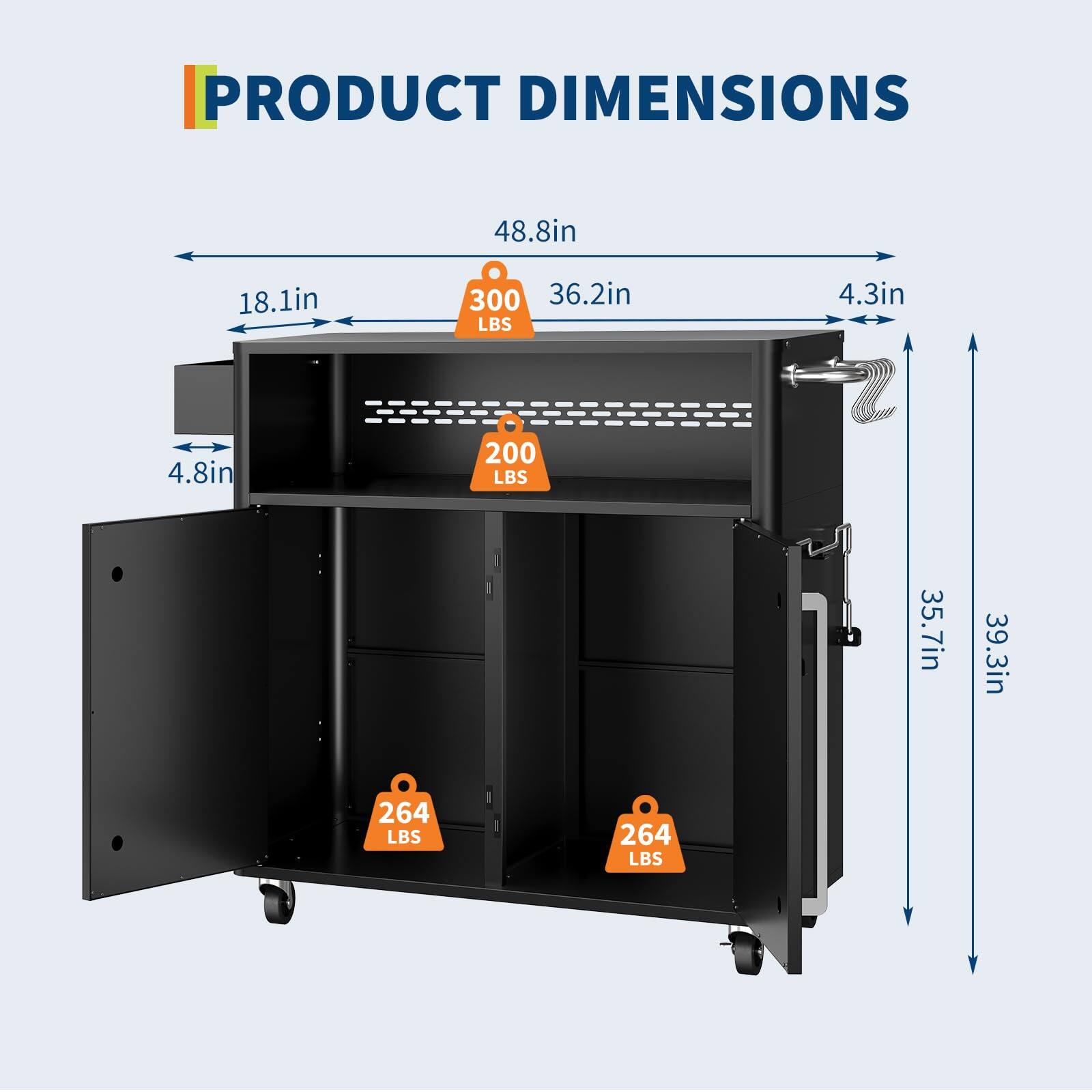 PRODUCT DIMENSIONS

- Width: 48.8in
- Depth: 36.2in
- Height: 39.3in
- Shelf 1: 18.1in (300 LBS)
- Shelf 2: 4.8in (200 LBS)
- Shelf 3: 35.7in (264 LBS)
- Shelf 4: 35.7in (264 LBS)
- Height from floor to top: 4.3in