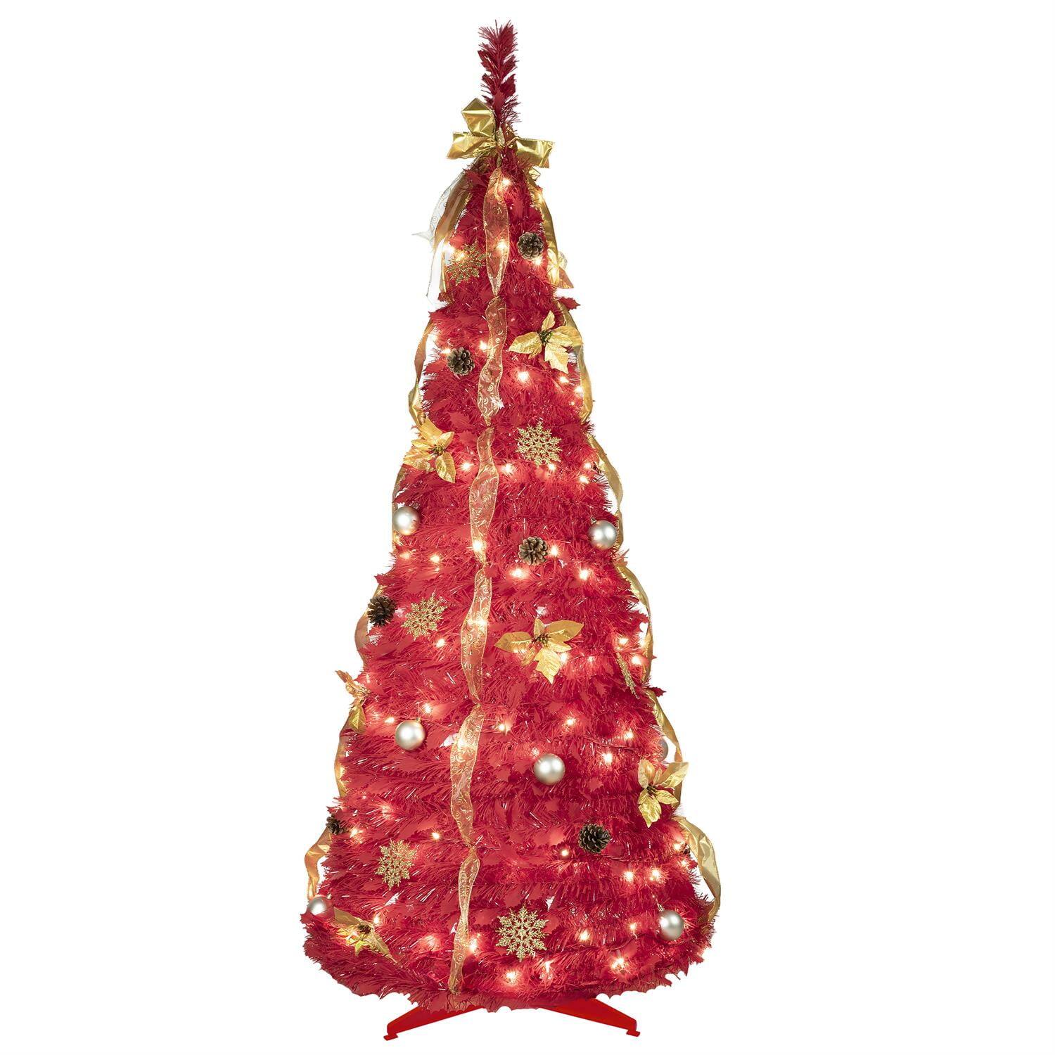 Front. Pefilos - 6ft Artificial Christmas Tree with 150 Lights, Gold & Red Balls, Flowers & Ribbons for Indoor Holiday Decor - Red.