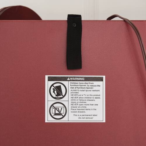 A WARNING  
Children have died from furniture tipover. To reduce the risk of furniture tipover:  
- ALWAYS install tipover restraint provided.  
- NEVER put a TV on this product.  
- NEVER allow children to stand, climb or hang on drawers, doors, or shelves.  
- NEVER open more than one drawer at a time.  
- Place heaviest items in the lowest drawers.  
This is a permanent label. Do not remove!
