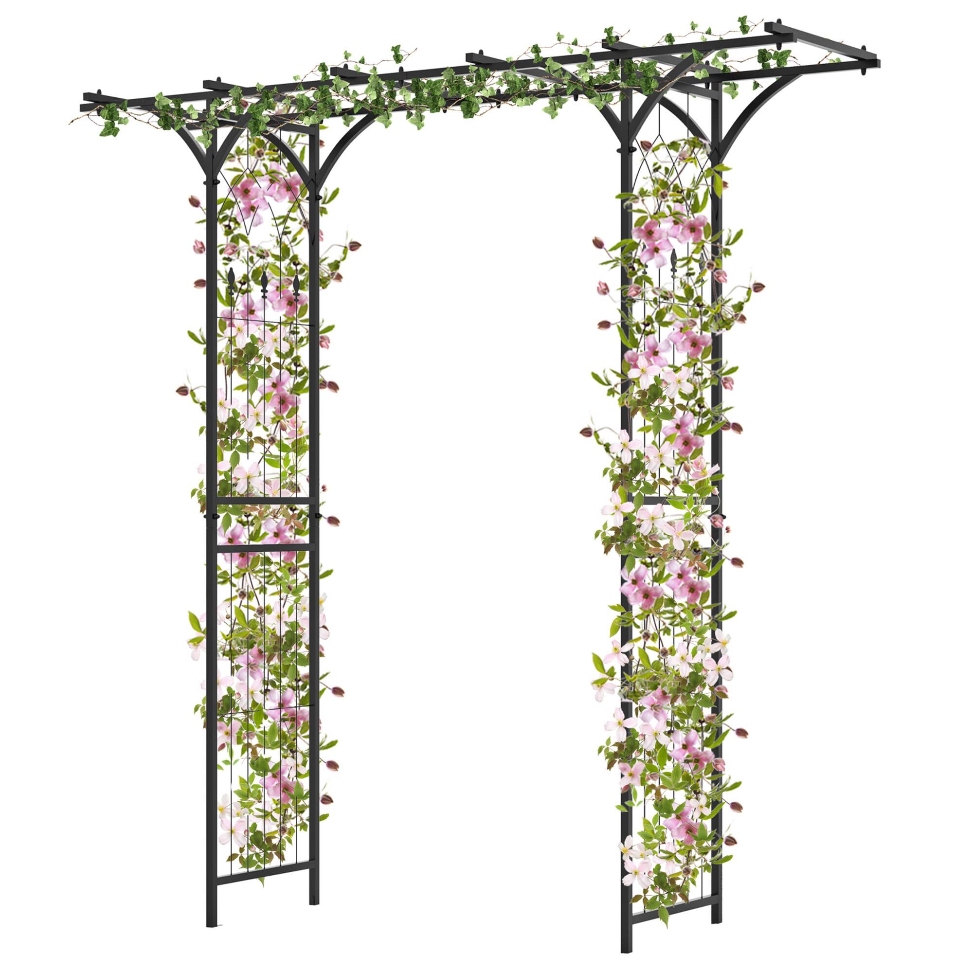 Front. Gymax - Gymax 6.8 FT Flat Top Garden Arch w/ Trellises & Extended Roof for Climbing Plants - Black.