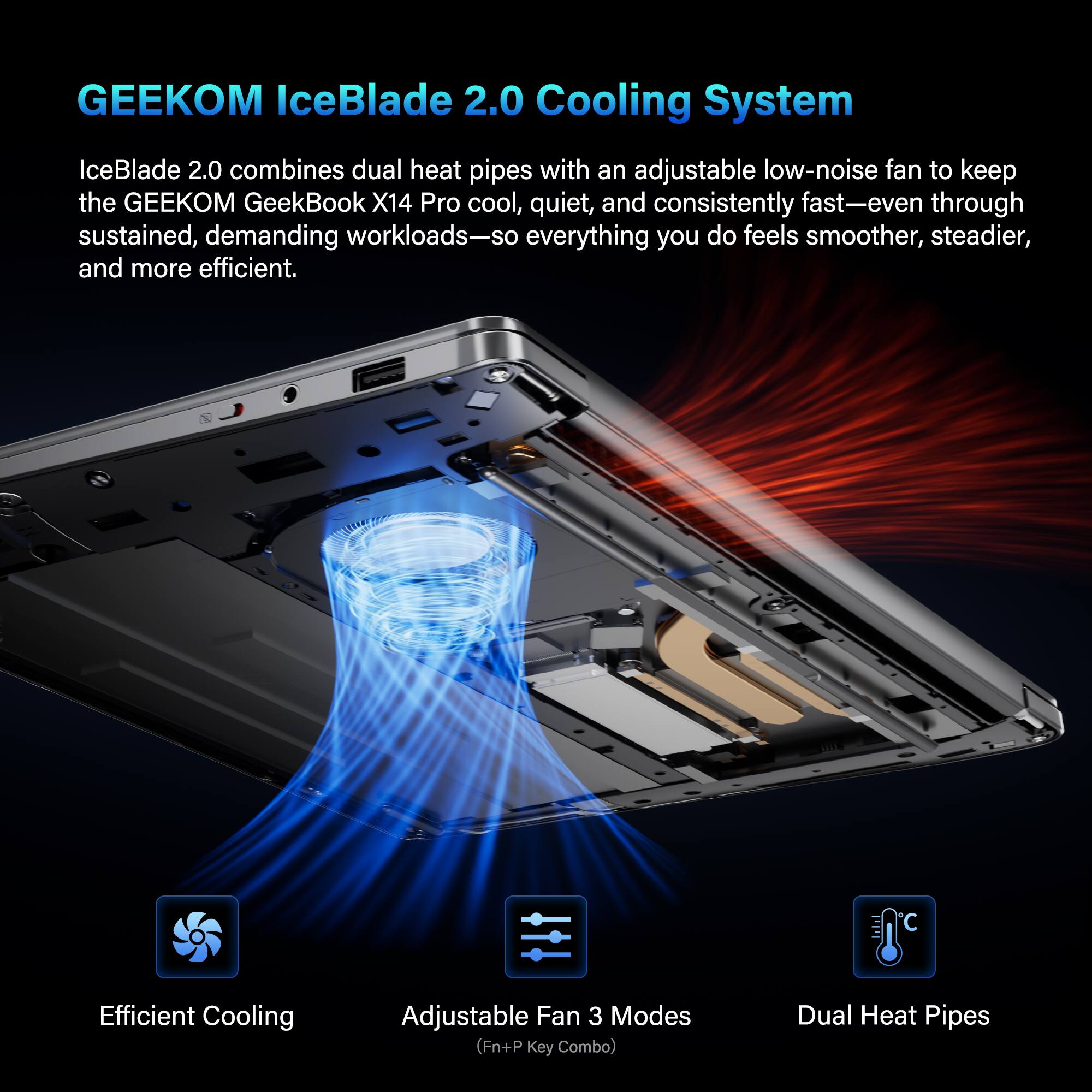 GEEKOM IceBlade 2.0 Cooling System

IceBlade 2.0 combines dual heat pipes with an adjustable low-noise fan to keep the GEEKOM GeekBook X14 Pro cool, quiet, and consistently fast—even through sustained, demanding workloads—so everything you do feels smoother, steadier, and more efficient.

Efficient Cooling  
Adjustable Fan 3 Modes (Fn+P Key Combo)  
Dual Heat Pipes