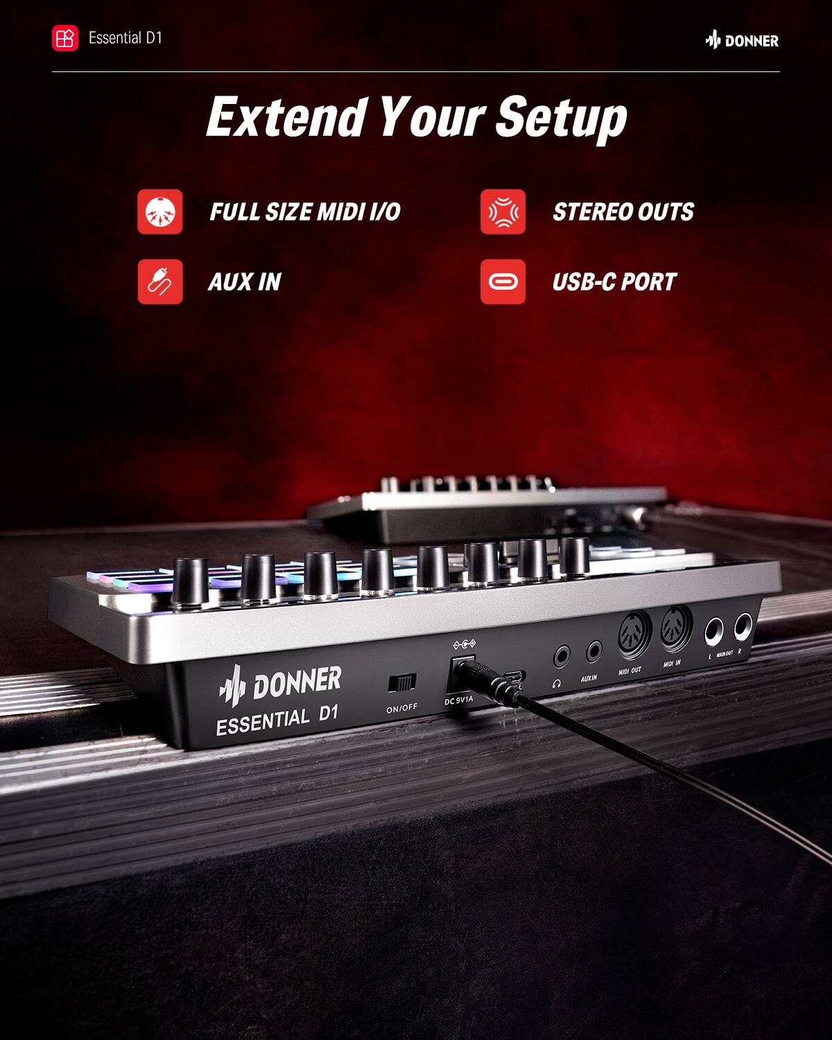 Essential D1 DONNER Extend Your Setup FULL SIZE MIDI I/O STEREO OUTS AUX IN USB-C PORT DONNER ESSENTIAL D1 ON/OFF DC9V1A MR MOT OVT