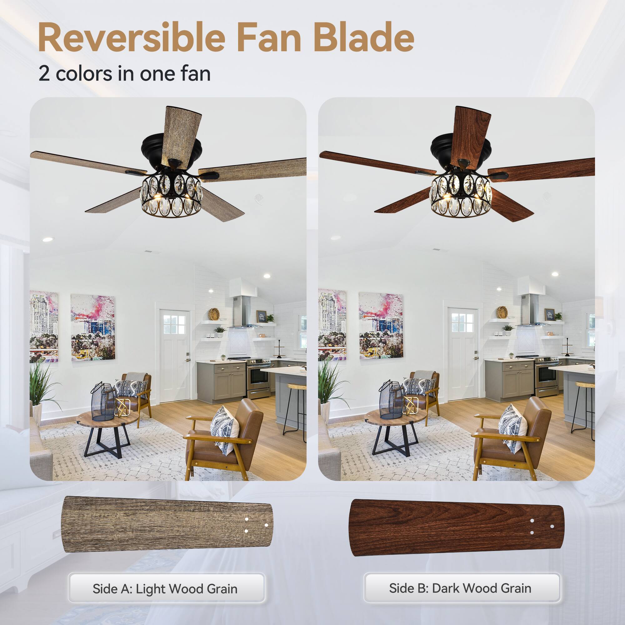 Reversible Fan Blade
2 colors in one fan
Side A: Light Wood Grain
Side B: Dark Wood Grain