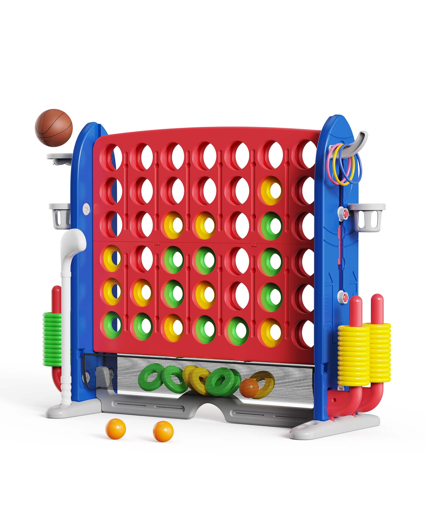 Sugift - Giant 4-in-A Row Game Set for Kids and Adults with Basketball Hoop and Carrying Bag - Red