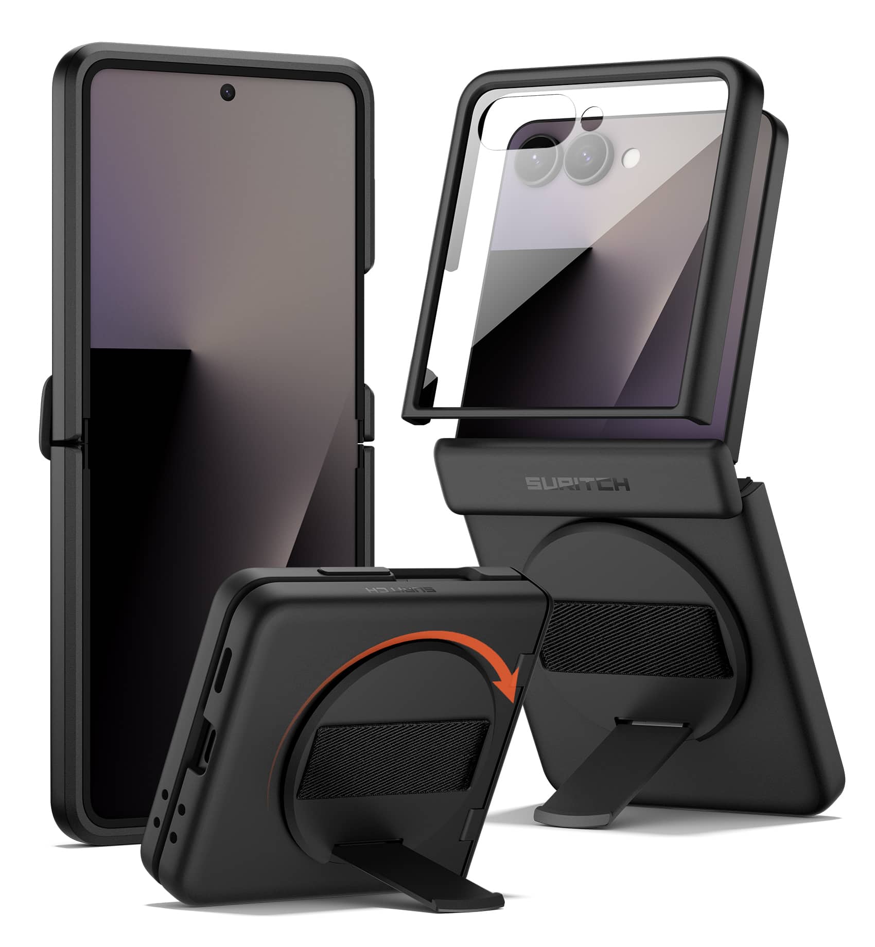 SURITCH - Case for Samsung Galaxy Z Flip 7 with 360° Rotatable Hand Strap, Invisible Kickstand, Screen Protector, Protective Cover - Black price history on PriceWatchPro