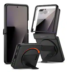 SURITCH - Case for Samsung Galaxy Z Flip 7 with 360° Rotatable Hand Strap, Invisible Kickstand, Screen Protector, Protective Cover - Black