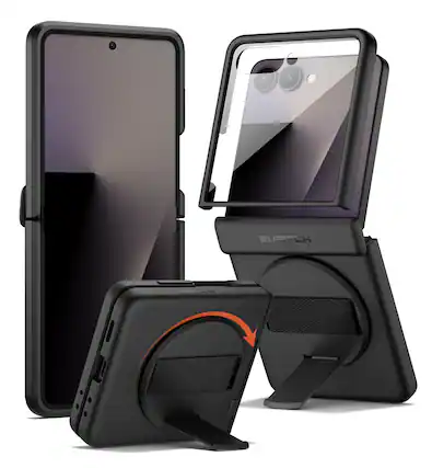 Front. SURITCH - Case for Samsung Galaxy Z Flip 7 with 360° Rotatable Hand Strap, Invisible Kickstand, Screen Protector, Protective Cover - Black.