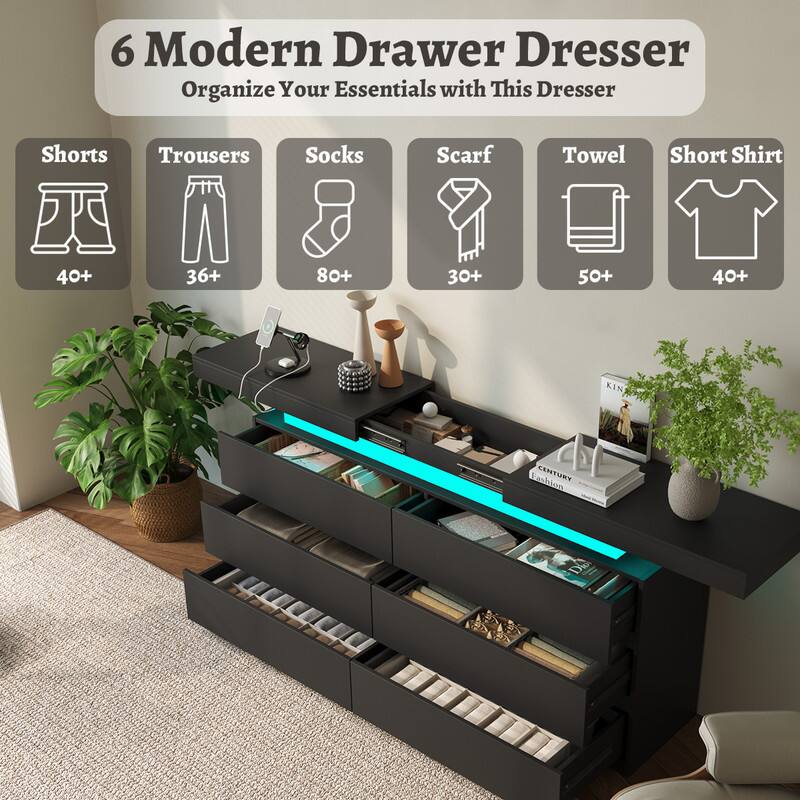 6 Modern Drawer Dresser  
Organize Your Essentials with This Dresser  

- Shorts: 40+  
- Trousers: 36+  
- Socks: 80+  
- Scarf: 30+  
- Towel: 50+  
- Short Shirt: 40+  

KIN CENTURY