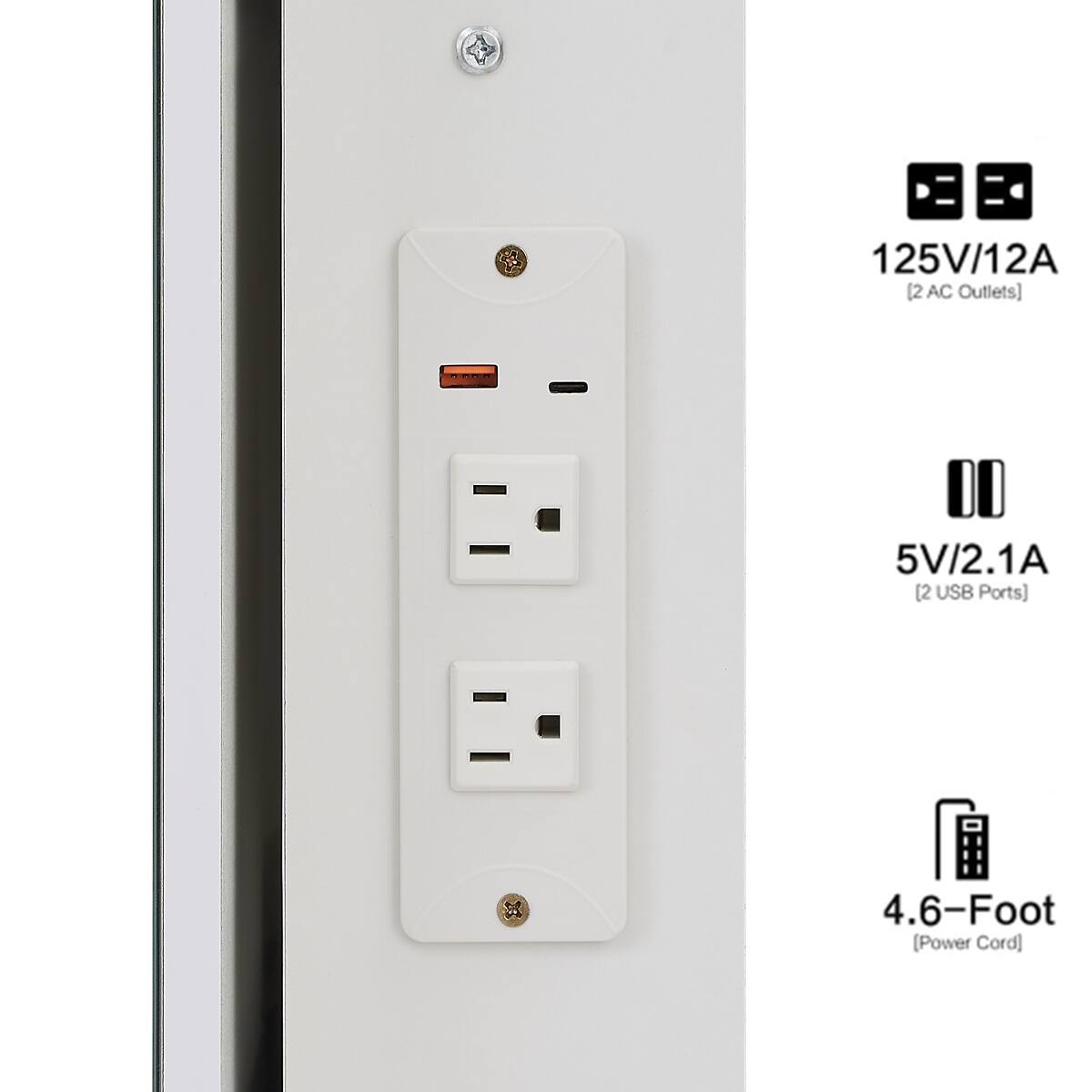 125V/12A (2 AC Outlets)  
5V/2.1A (2 USB Ports)  
4.6-Foot (Power Cord)
