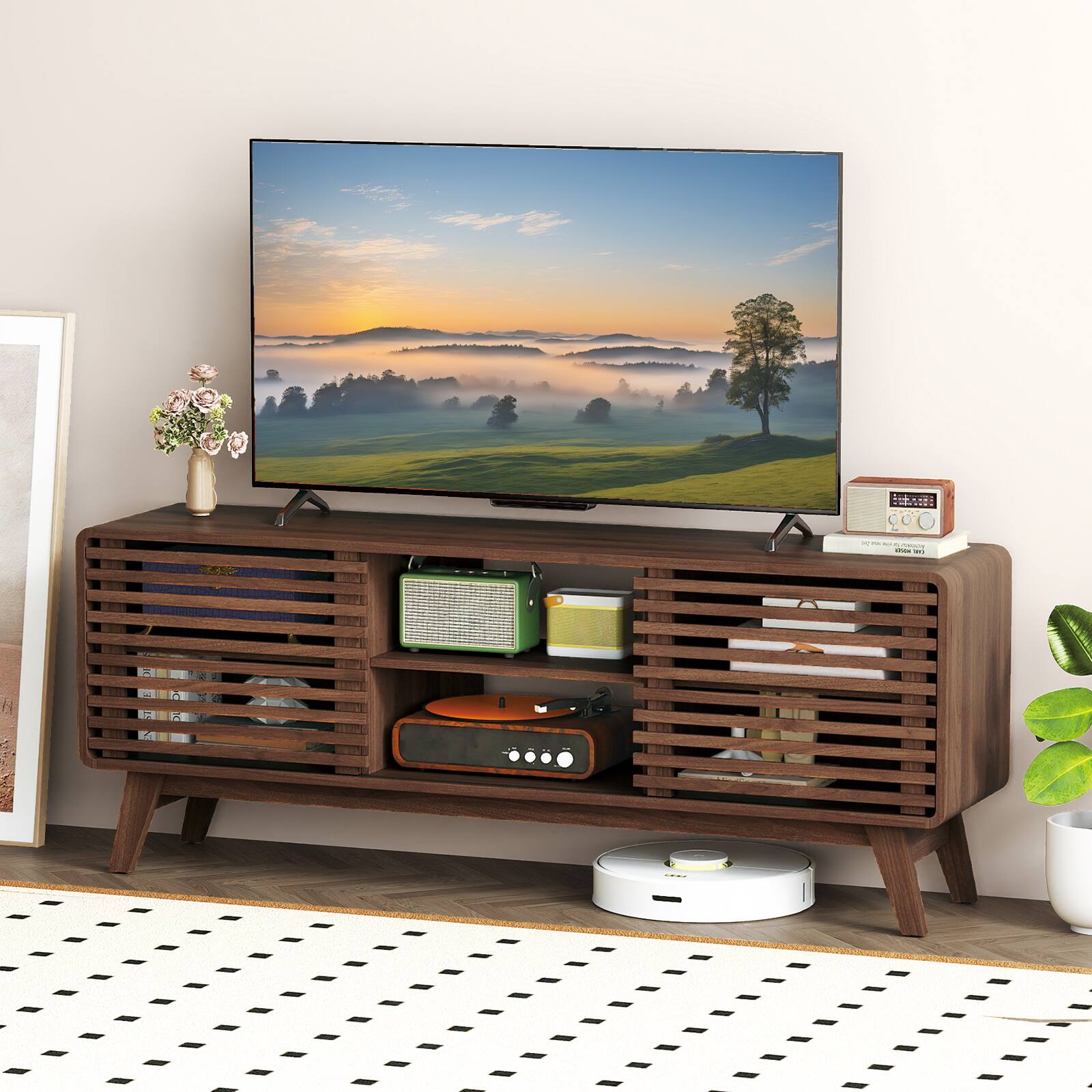 Alt View 1. Gymax - Gymax TV Stand w/Sliding Doors Adjustable Shelves & Rubber Wood Legs for TVs up to 65'' - Brown.