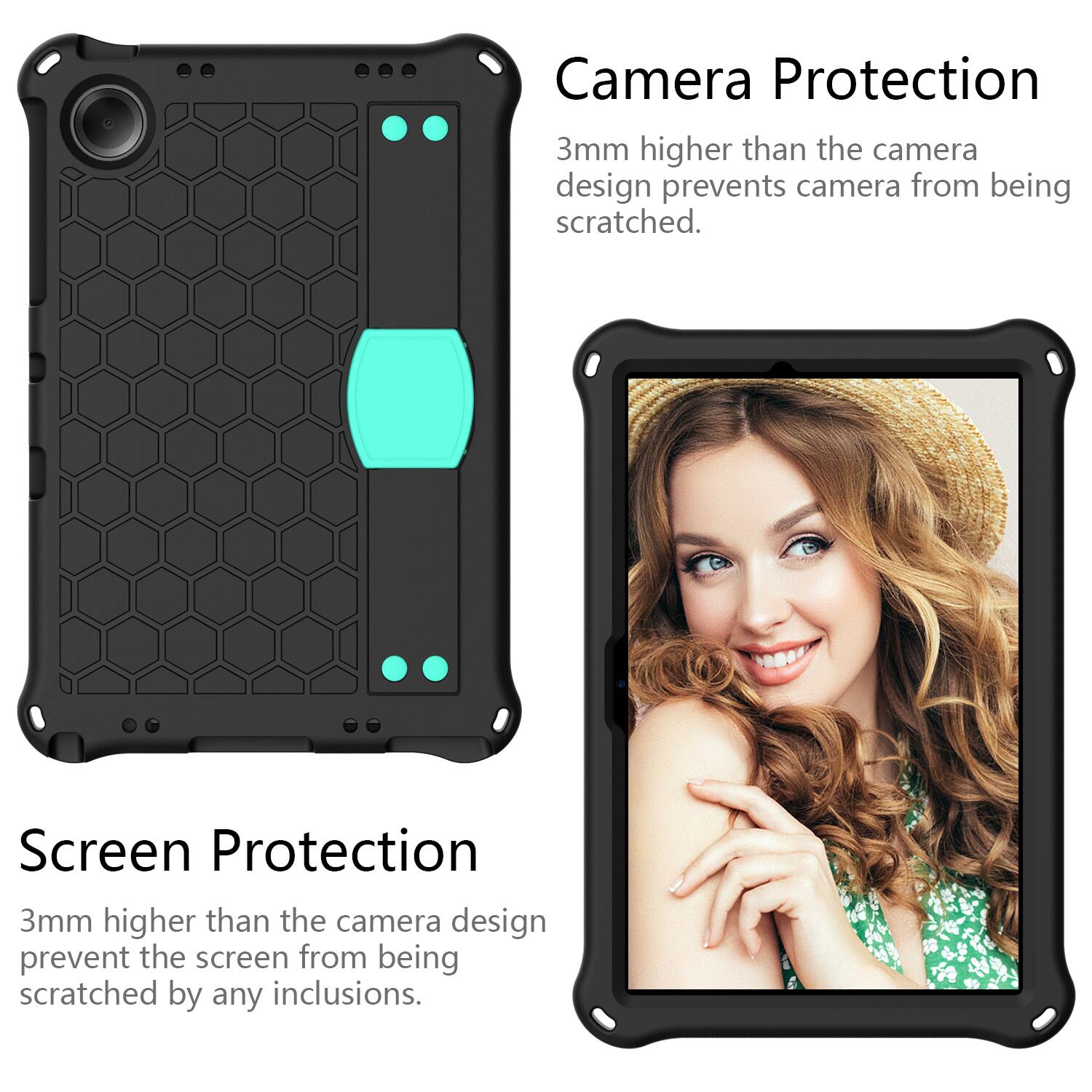 Camera Protection  
3mm higher than the camera design prevents camera from being scratched.  

Screen Protection  
3mm higher than the camera design prevent the screen from being scratched by any inclusions.