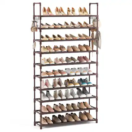 Front. Dazzed Corner - 10 Tier Shoe Rack Tall Large Capacity 50 Pair Wide Shoe Organize, Sturdy Metal Shoe Shelf - Brown.