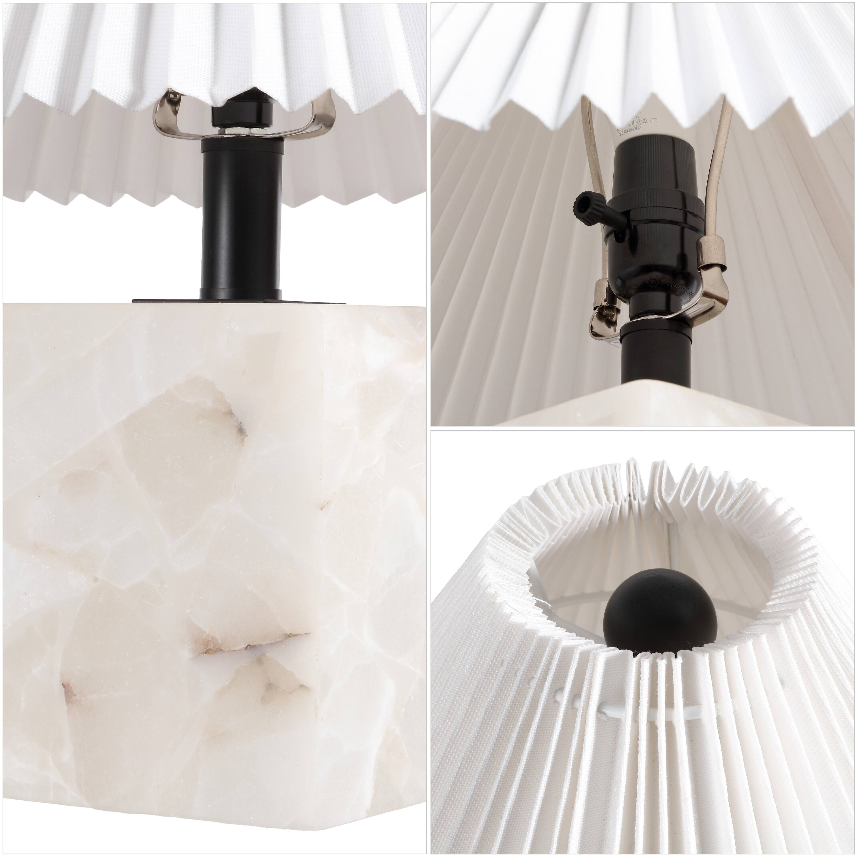 Alt View 4. Jonathan Y - Hermin 16.5 in. Geometric Sculptural Alabaster Cube Metal LED Table Lamp with Nightlight Base and Pleated Shade, White - White.