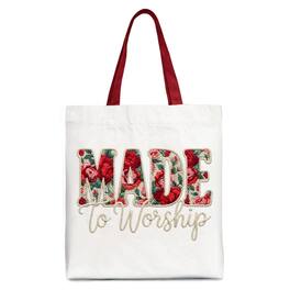 OrnamentallyYou - Made to Worship Printed Faux Yarn Crochet Christian Tote Bag, Floral Retro Faith Gift Shopper - White Red