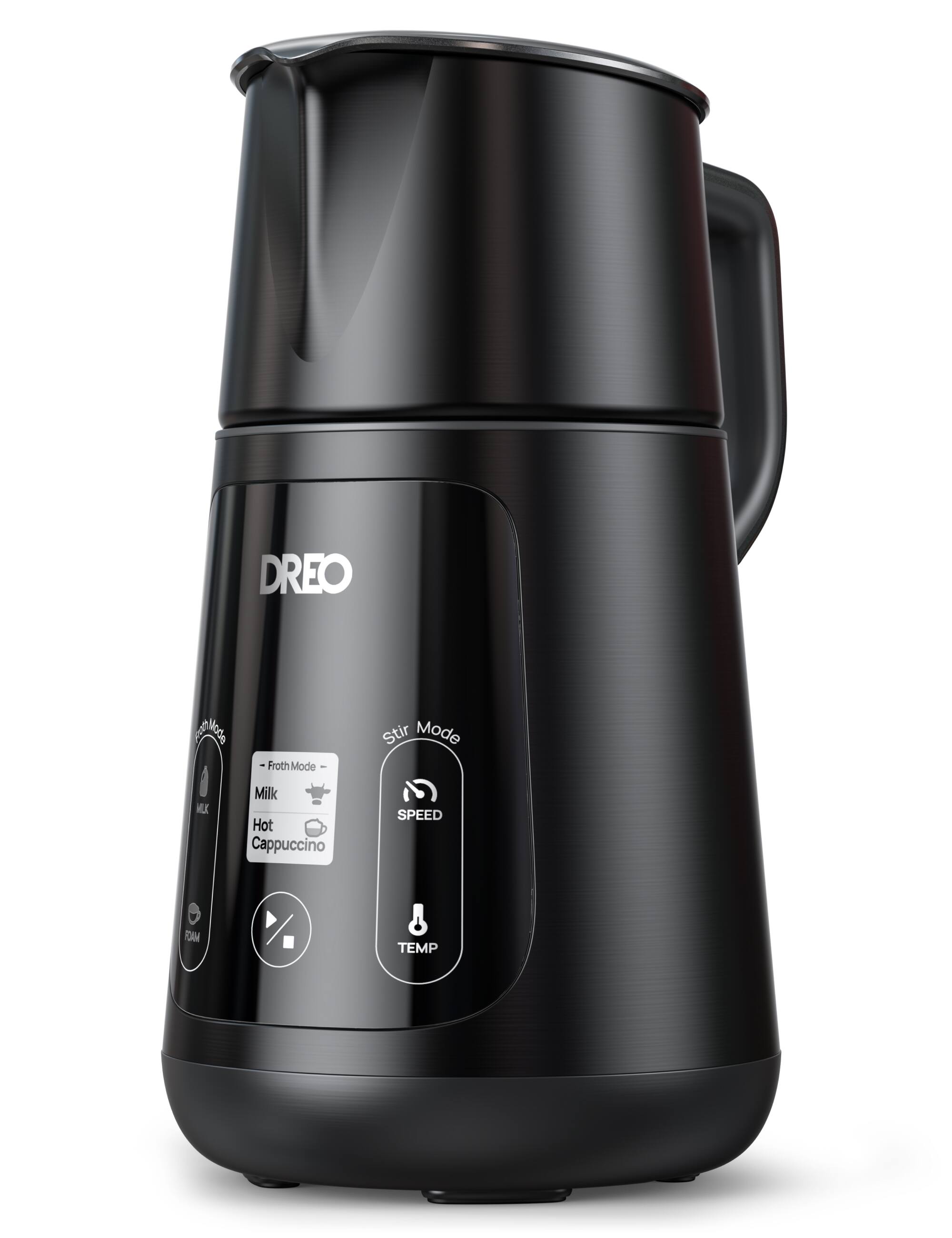 The text on the image is: "DREO Milk Froth Mode Stir Mode Hot Cappuccino SPEED TEMP"
