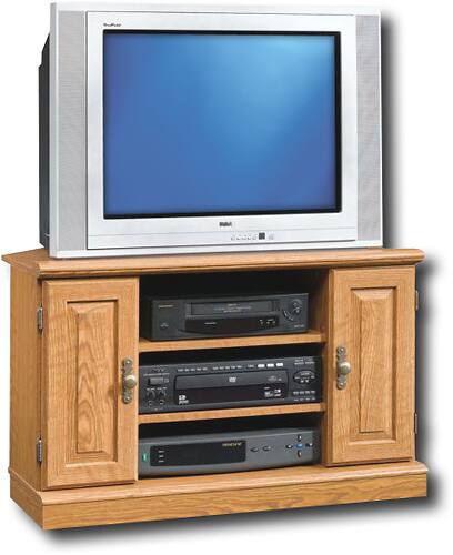 Angle View: Sauder Orchard Hills Corner TV Stand in Carolina Oak finish - Oak