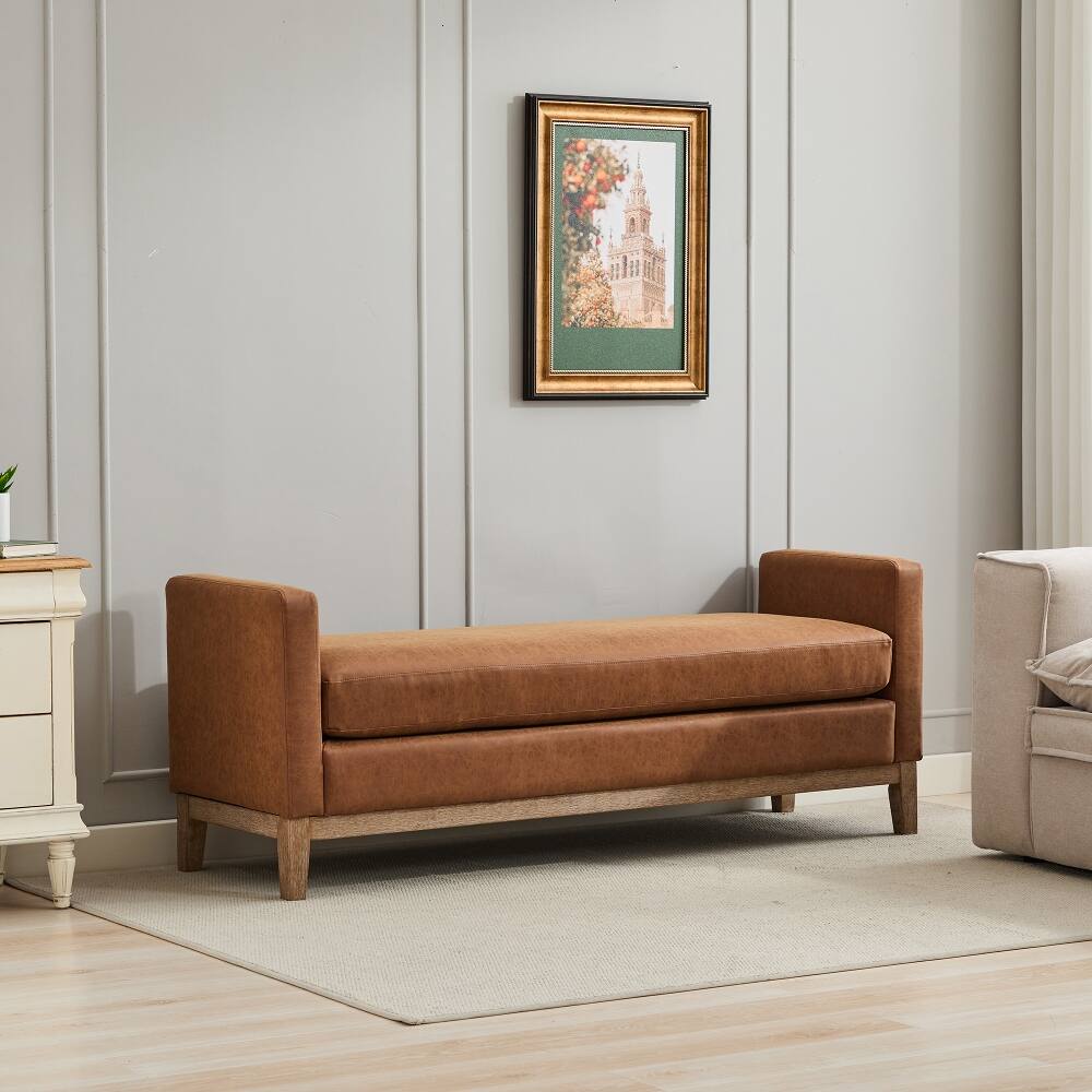Back. Ropilly - Ropilly Upholstered End of Bed Bench, Brown PU Leather Entryway Bench with Wood Frame, Daybed Footrest Stool Ottoman - Brown.