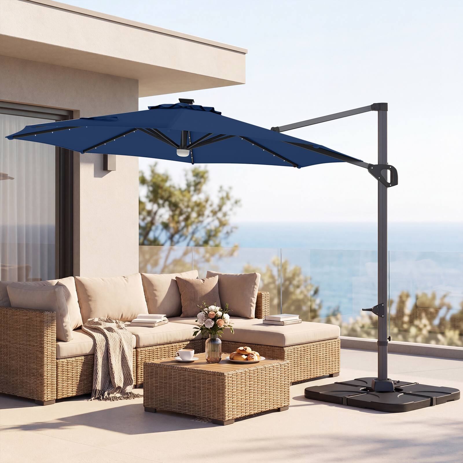 Alt View 1. Costway - Costway 10 FT Cantilever Patio Umbrella with 35 Solar LED Lights 220 LBS Base 360° Rotation - Navy + Black.