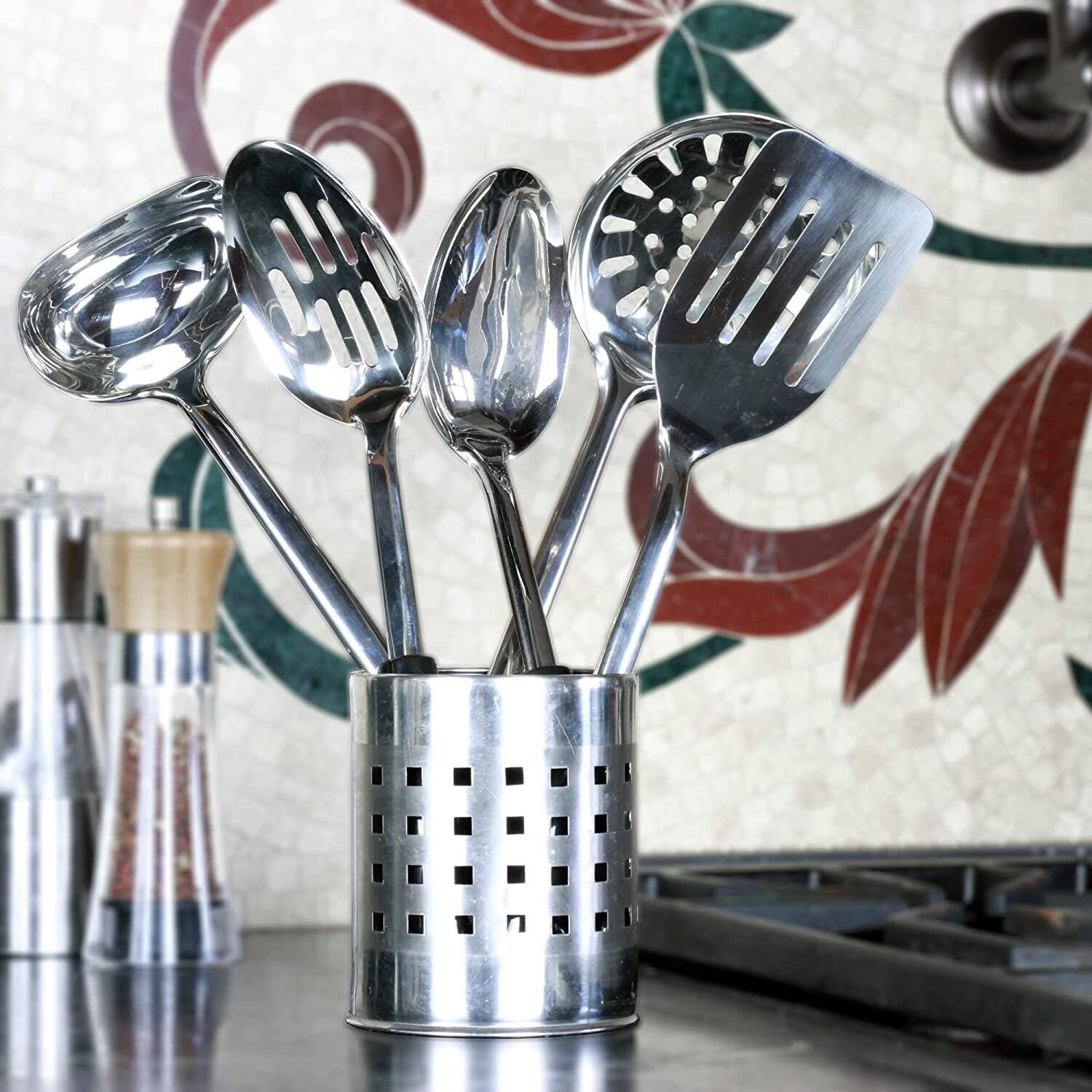 Angle. Chef Craft - 6 Piece Heavy Duty Stainless Steel Kitchen Tool and Utensil Set - Silver / Black.