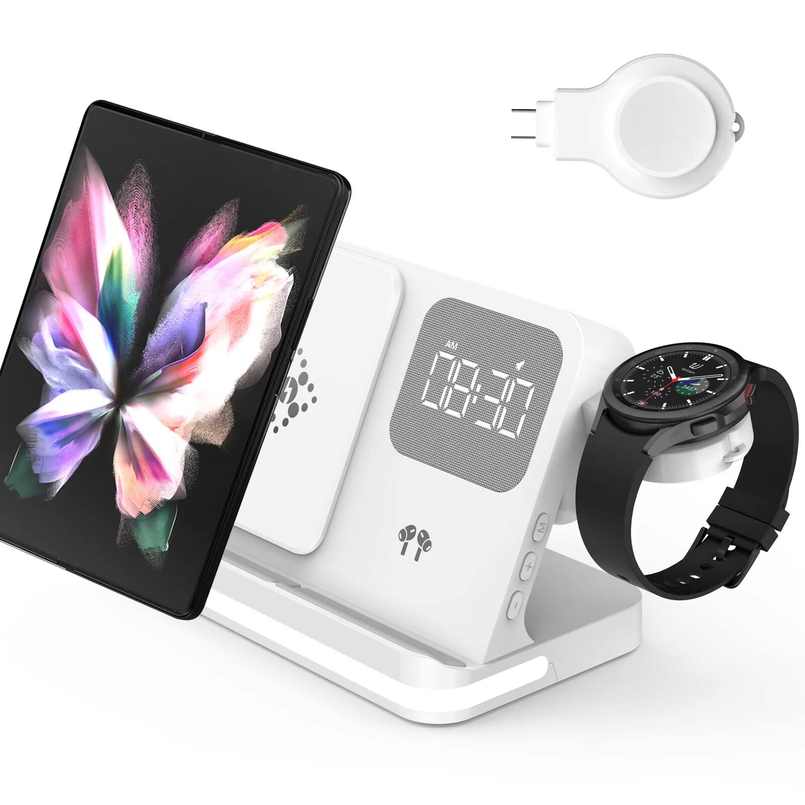 PRIMEPLUS - 3-in-1 Multifunctional Wireless Charger Night Light Alarm Clock Cell Phone Holder - for Phone + Earbuds + Watch - White