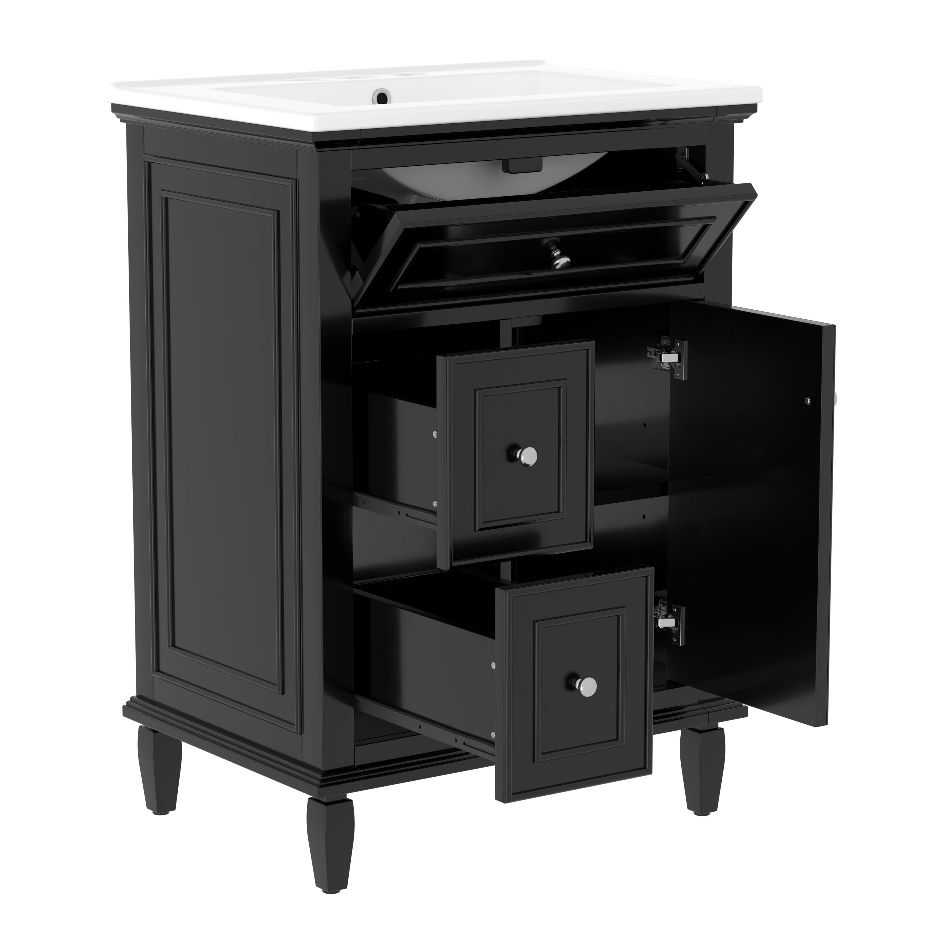 Left. Whisen - 24" Bathroom Vanity with Sink, Solid Wood & MDF Cabinet, Flip Drawer & 2 Drawers, Freestanding - Black.
