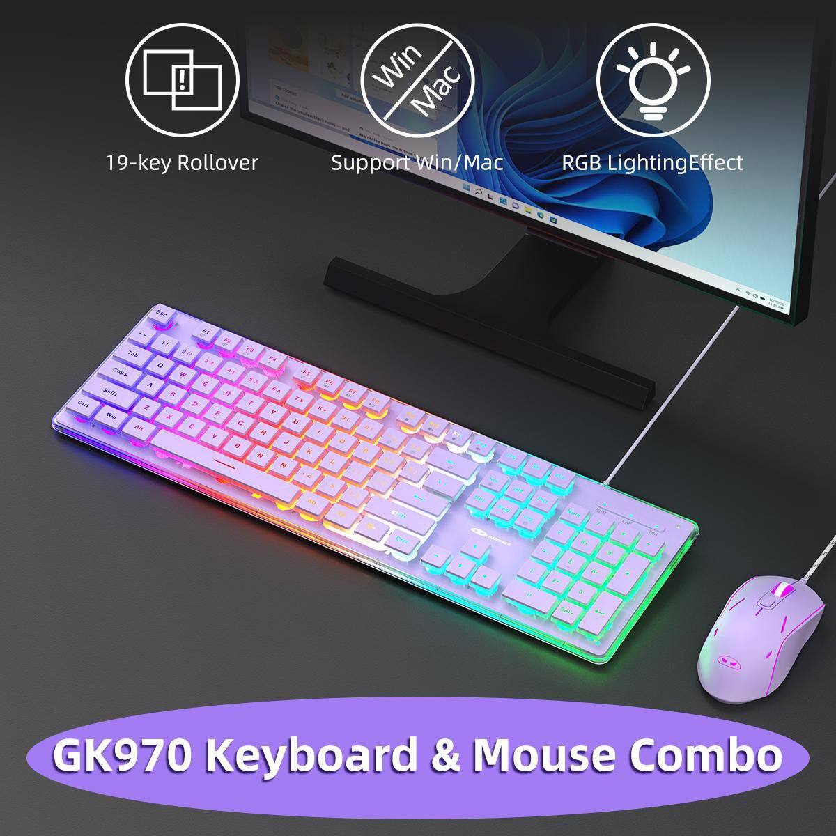19-key Rollover  
Win Mac Support Win/Mac RGB Lighting Effect  
Ctrl  
EAC F1 1: 13 Tala " 0 Caps W F5 A E 5% Shift S R 6A FT T % N Y N Win F X 95 G U Alt H I V & 0 8 K M  
F1  
0%  
stile  

GK970 Keyboard & Mouse Combo