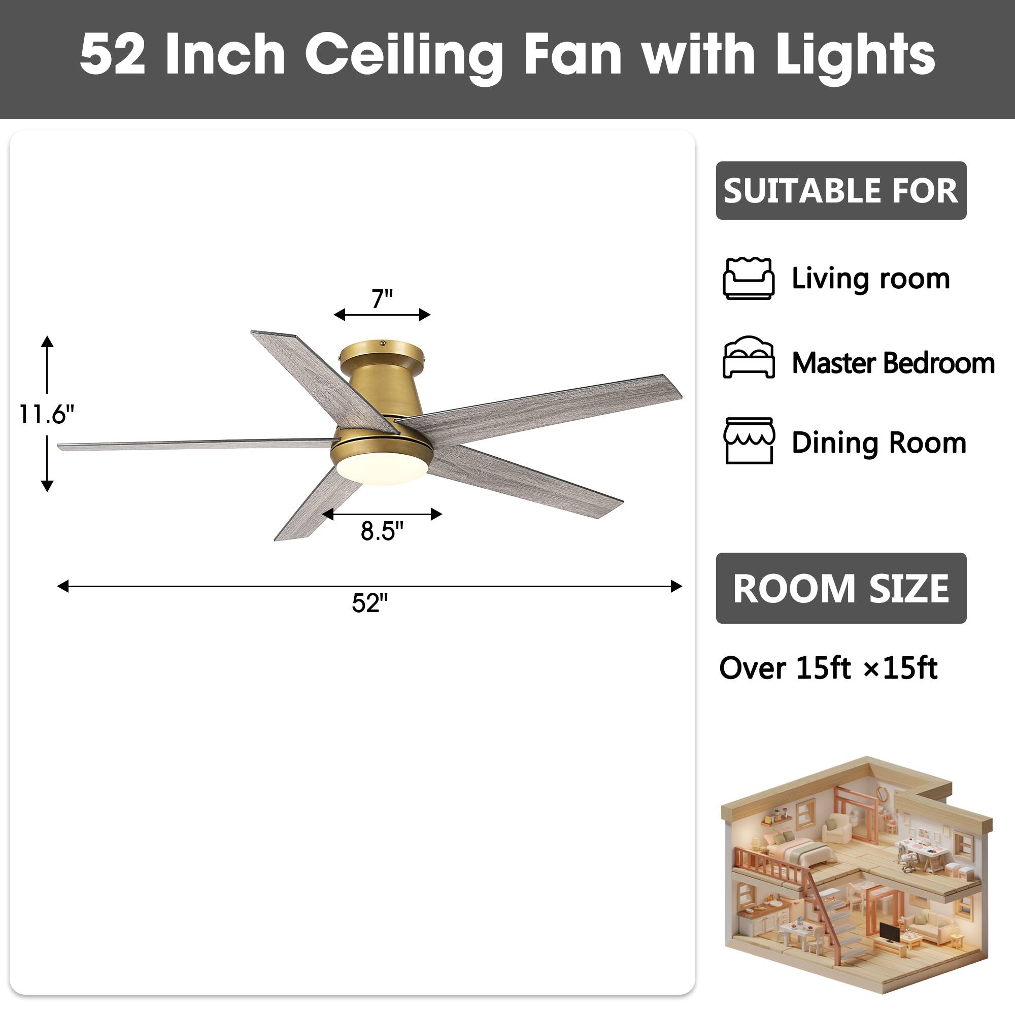 52 Inch Ceiling Fan with Lights

SUITABLE FOR
- Living room
- Master Bedroom
- Dining Room

ROOM SIZE
Over 15ft x 15ft