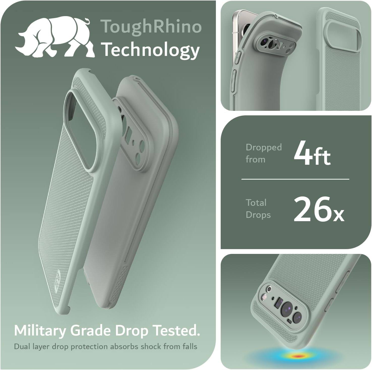 ToughRhino Technology

Dropped from 4ft

Total Drops 26x

Military Grade Drop Tested.
Dual layer drop protection absorbs shock from falls