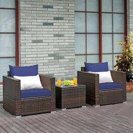 Gymax - 3PCS Rattan Patio Outdoor Conversation Furniture Set w/ Cushions - Navy