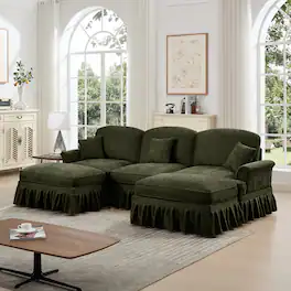 Anysun - Classic U-Shape Chenille Sectional Sofa with Ottomans - Flared Arms, Ruffled Skirt & Spindle Legs, Deep Cloud Seat - Green
