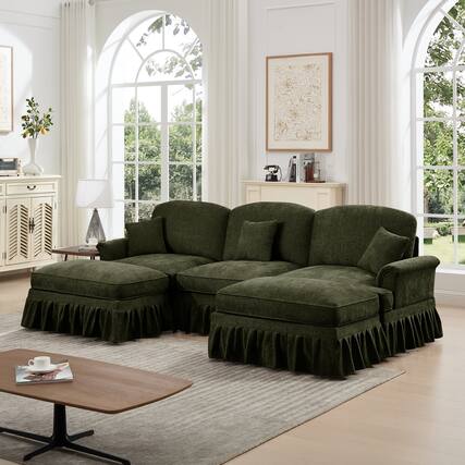 Front. Anysun - Classic U-Shape Chenille Sectional Sofa with Ottomans - Flared Arms, Ruffled Skirt & Spindle Legs, Deep Cloud Seat - Green.