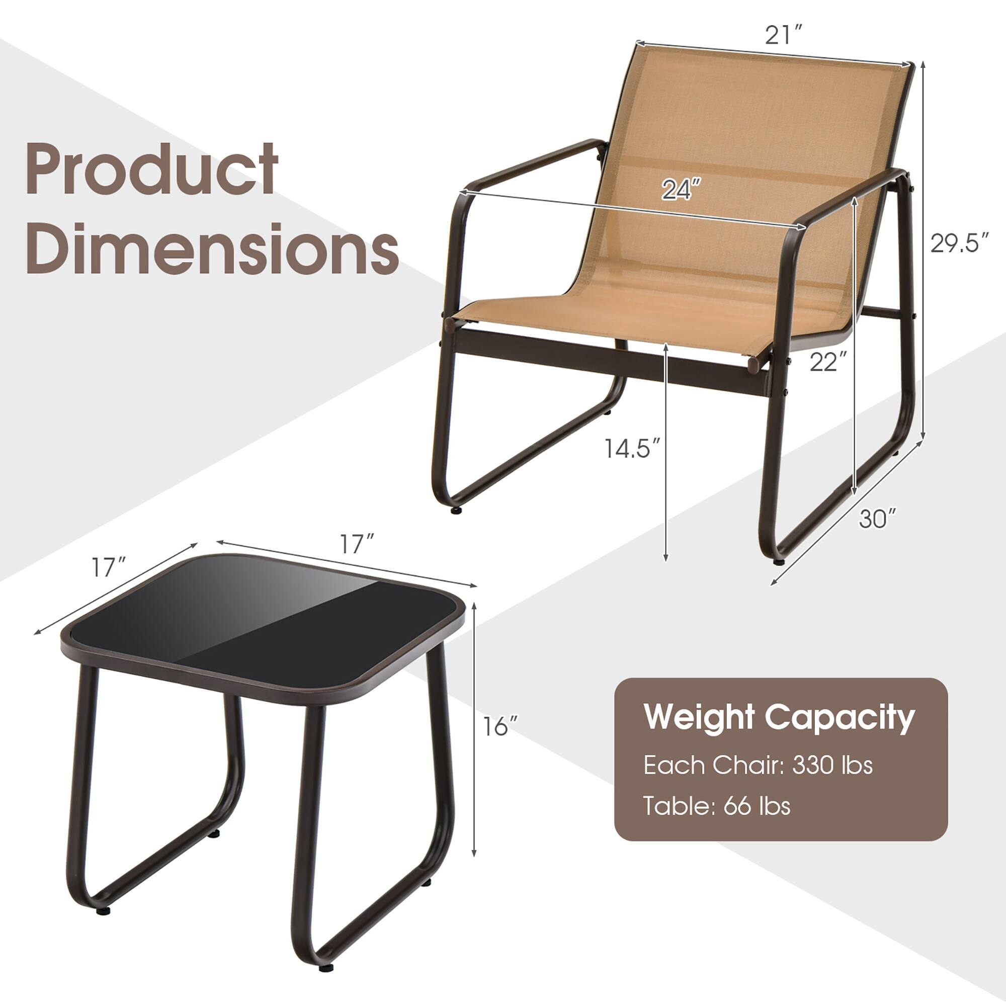 Product Dimensions

- Chair:
  - Width: 24"
  - Height: 29.5"
  - Depth: 22"
  - Seat Height: 14.5"
  - Armrest Height: 21"
  - Overall Height: 30"

- Table:
  - Width: 17"
  - Depth: 17"
  - Height: 16"

Weight Capacity

- Each Chair: 330 lbs
- Table: 66 lbs