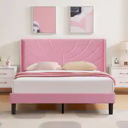 Vecelo - Upholstered Platform Queen Bed Frame with Fabric Headboard,Wooden Slats Support/No Box Spring Needed/Mattress Foundation - Pink