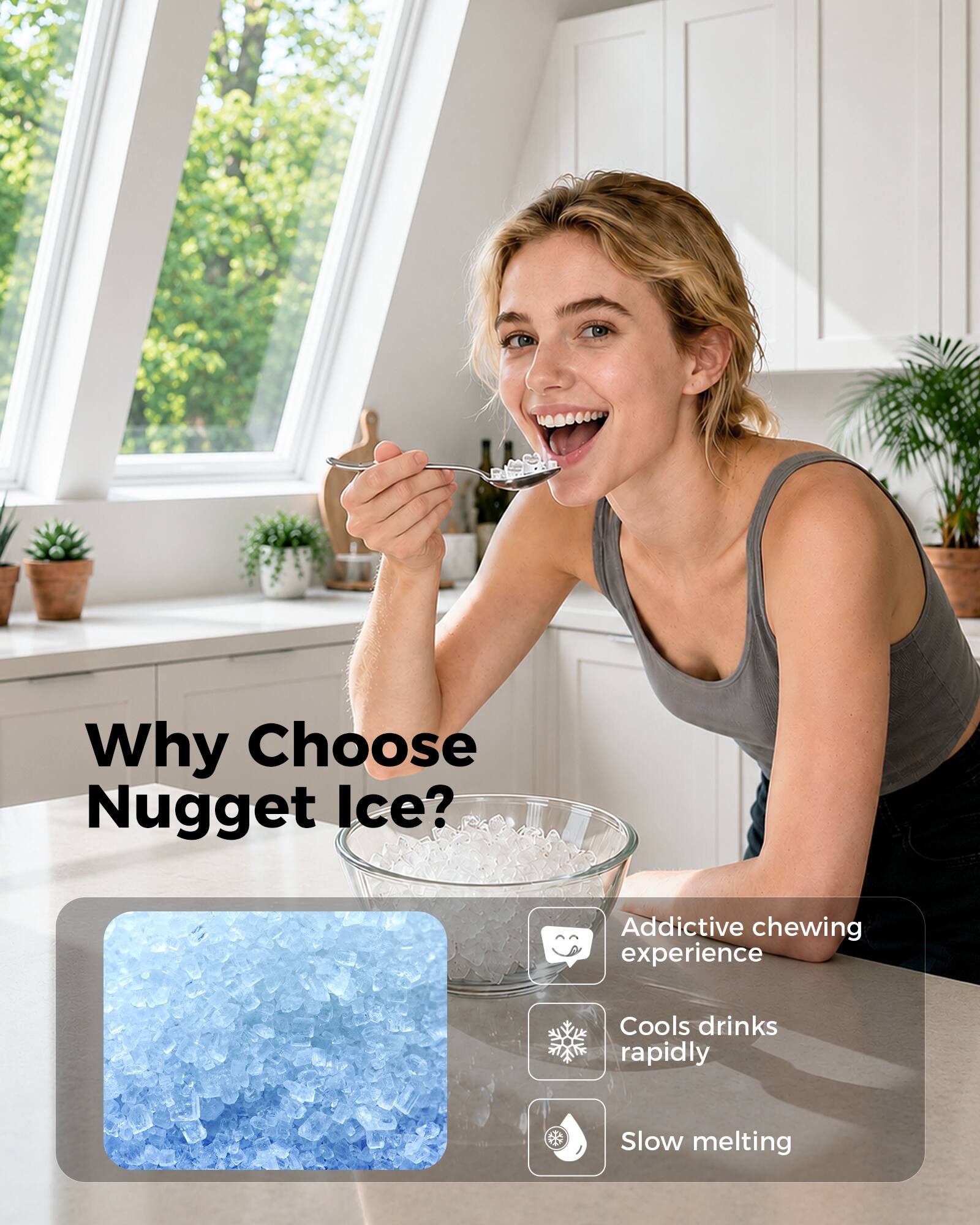Why Choose Nugget Ice?  
- Addictive chewing experience  
- Cools drinks rapidly  
- Slow melting