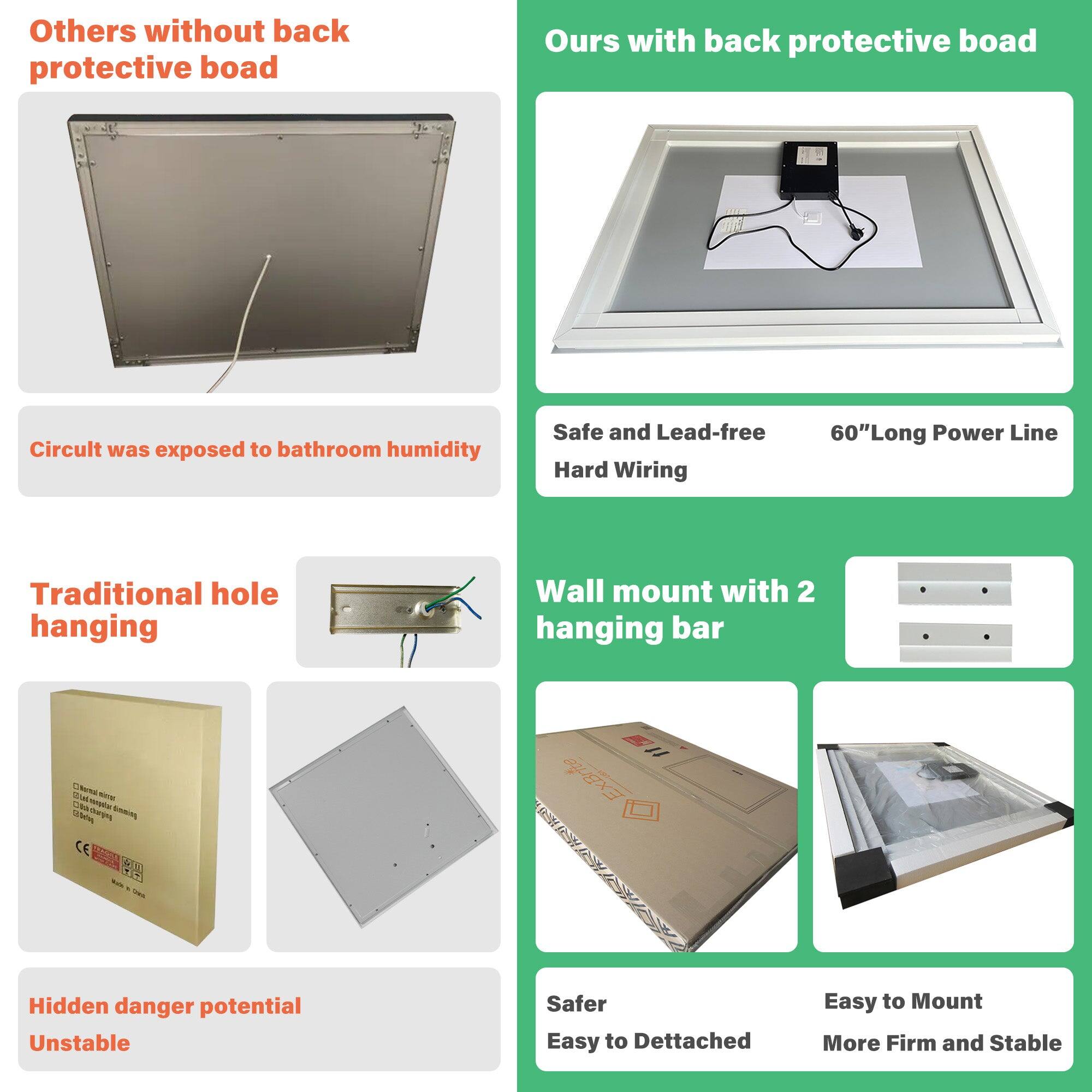 Others without back protective board Circult was exposed to bathroom humidity Traditional hole hanging Hidden danger potential Unstable

Ours with back protective board Safe and Lead-free Hard Wiring 60"Long Power Line Wall mount with 2 hanging bar Safer Easy to Dettached Easy to Mount More Firm and Stable