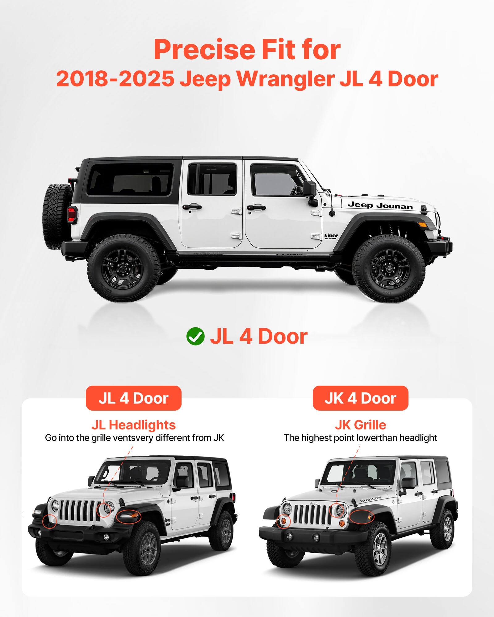 Precise Fit for 2018-2025 Jeep Wrangler JL 4 Door

JL 4 Door

JL Headlights
Go into the grille vents very different from JK

JK Grille
The highest point lower than the headlight