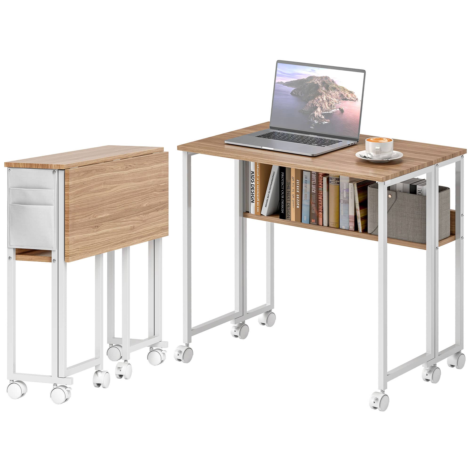 Homcom - Computer Desk, Foldable Desk with Storage Bag, Shelf and Wheels for Small Spaces, Home Office - Natural Wood