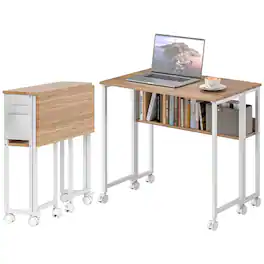 Homcom - Computer Desk, Foldable Desk with Storage Bag, Shelf and Wheels for Small Spaces, Home Office - Natural Wood