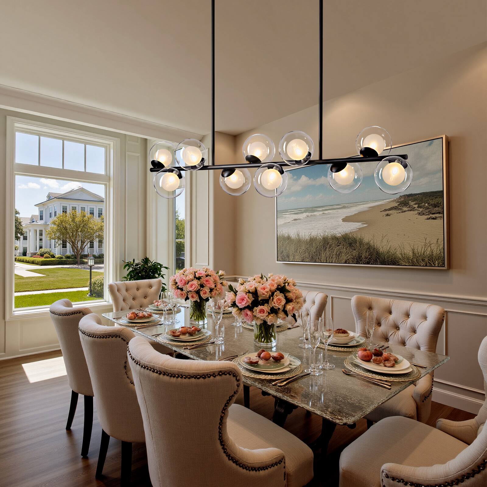 Back. Siljoy - Modern 10-Light Dimmable Linear Chandelier Clear Double Glass Gold Adj. Height – For Dining Kitchen Bedroom - Black.