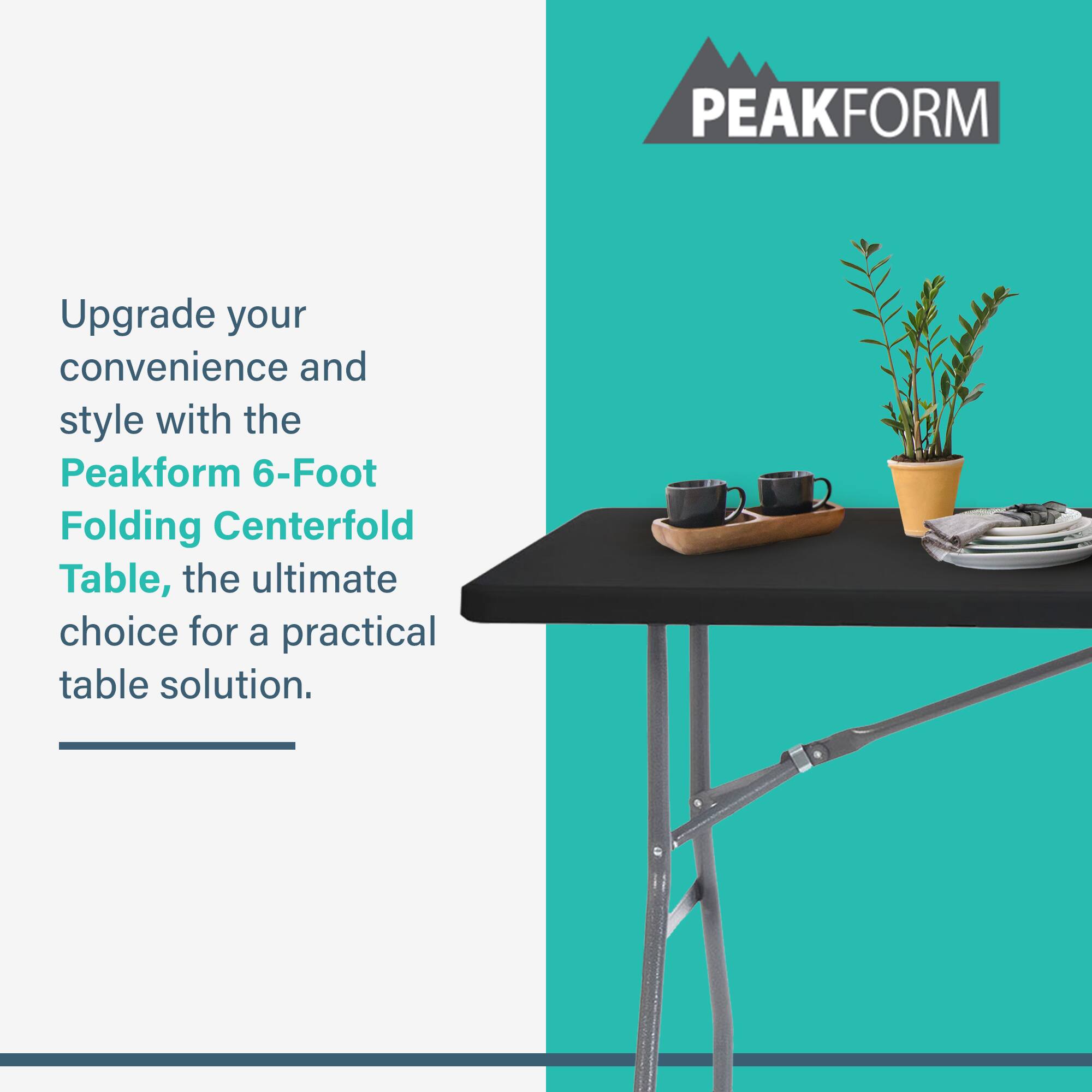 Upgrade your convenience and style with the Peakform 6-Foot Folding Centerfold Table, the ultimate choice for a practical table solution.