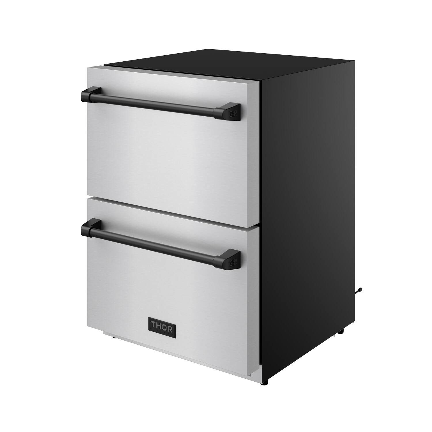 Angle. Thor Kitchen - Gordon Ramsay Series by Thor Kitchen 24 Inch Indoor Outdoor Refrigerator Drawers with Black Hardware - Stainless Steel.