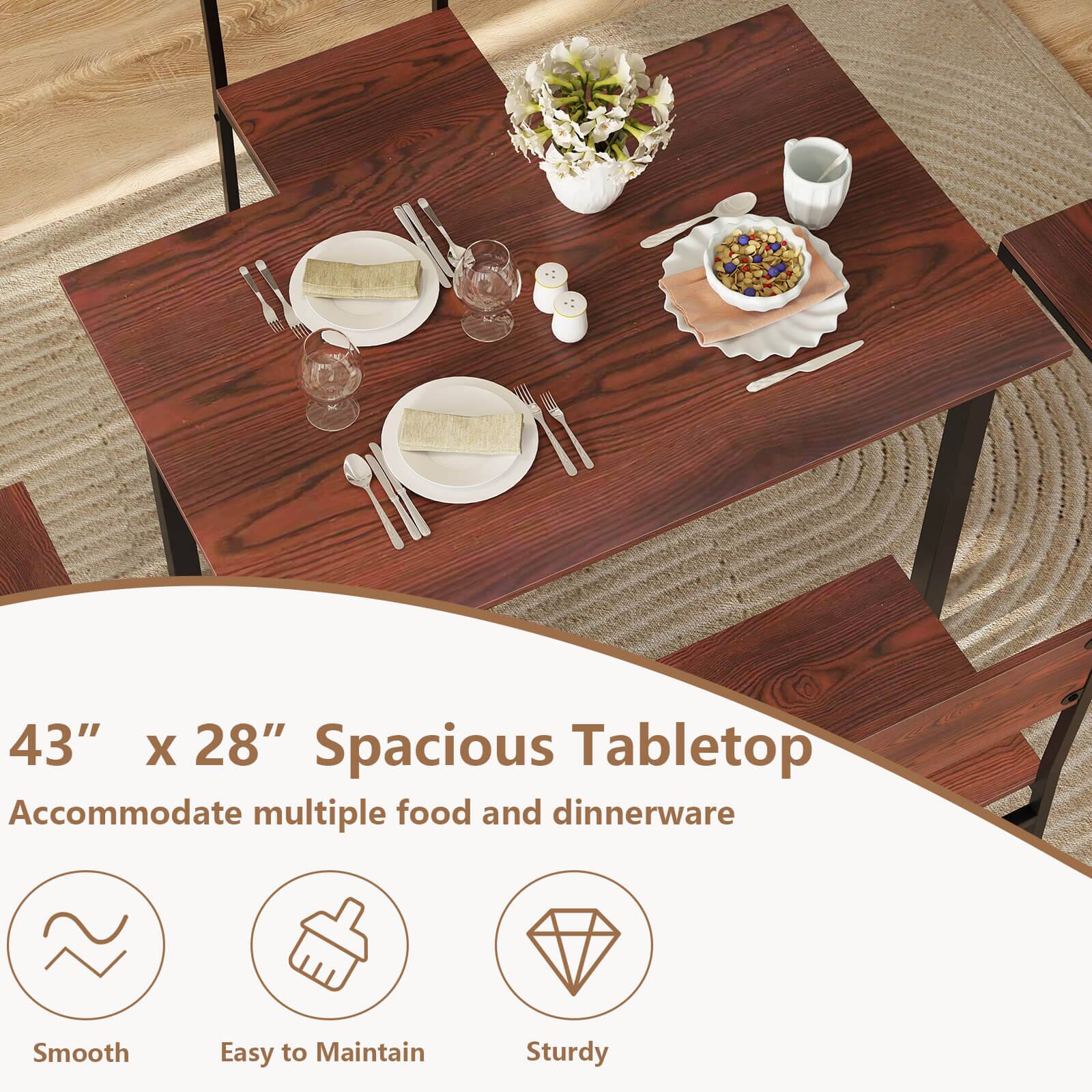 The text on the image reads: "43" X 28" Spacious Tabletop Accommodate multiple food and dinnerware Smooth Easy to Maintain Sturdy."